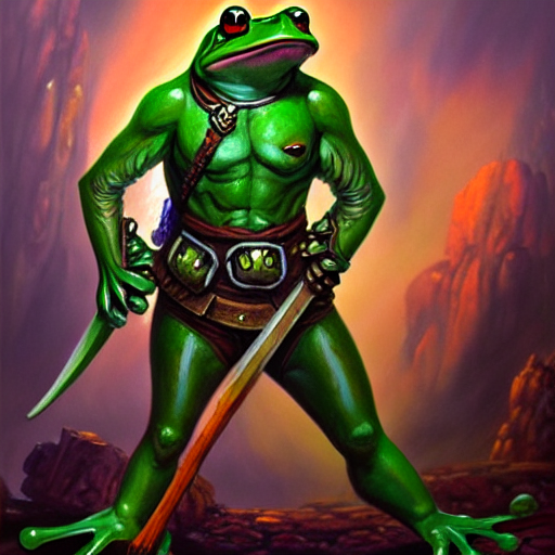 prompthunt: oil painting of a frog warrior, in the style of oldschool  dungeons & dragons and magic the gathering, promotional character art,  highly detailed