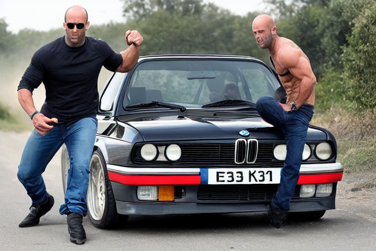 prompthunt: Angry Jason Statham lifts BMW e30 in his arms,
