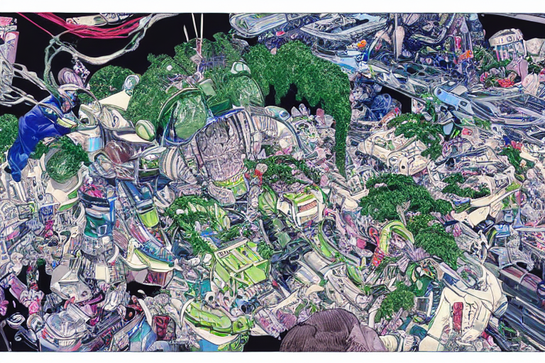 prompthunt: a green participation badge, by yukito kishiro and katsuhiro  otomo, hyper-detailed, intricate, view from above, colorful