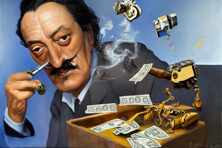 prompthunt: Salvador Dali and WALL-E smoking cigars, counting money and  holding keys, oil on canvas, artstation, portrait, masterpiece, aesthetic