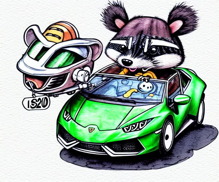 prompthunt: cute and funny, racoon wearing a helmet riding in a tiny 2 0 2  0 lamborghini huracan sto, ratfink style by ed roth, centered award winning  watercolor pen illustration, isometric illustration