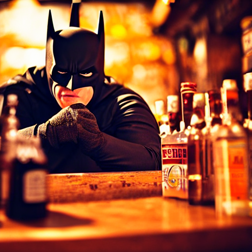 batman drunken in a pub surrounded by alcohol bottles, photography, golden hour