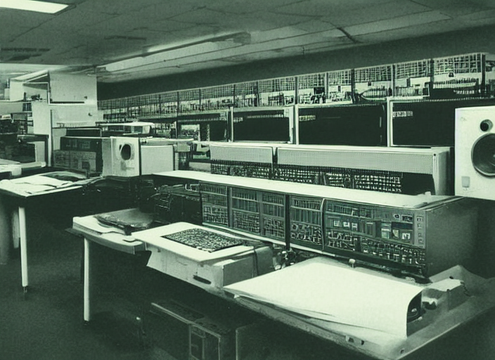 prompthunt: analog data processing plant, with retro matrix printers ...