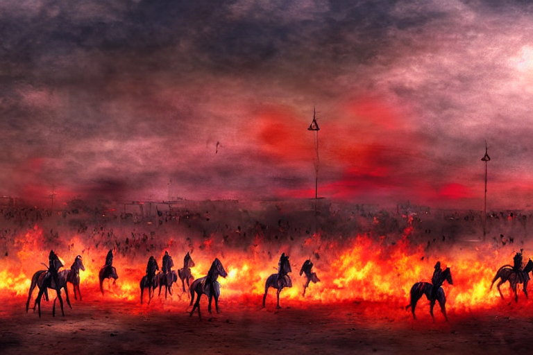 karbala battle field, imam hussain, horses and people panicked, red cloudy sky, tents on fire, women running away, photo realistic painting