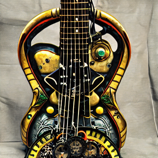 prompthunt: photo of an eccentric steampunk electric guitar with ornaments,  ultra realistic, vapor tubes, clock, mucha, art deco, art nouveau, neo  goth, goth, cyberpunk, neons, 3 d chromes, unreal
