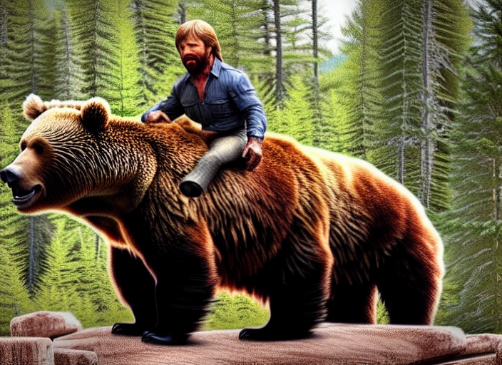 photo of chuck norris riding his grizzly bear, in the forest. fantasy magic style. highly detailed 8 k. intricate. nikon d 8 5 0 5 5 mm. award winning photography.