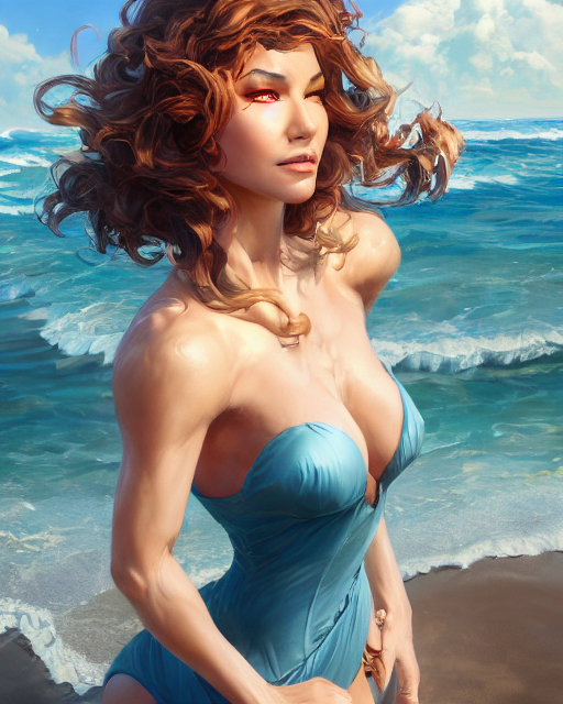 beautiful lady at the beach, fantastical, turbulent, highly detailed, fit body, digital painting, artstation, concept art, smooth, sharp focus, illustration, unreal engine 5, 8 k, art by stanley artgerm lau, wlop, rossdraws, frank frazetta, andrei riabovitchev, marc simonetti