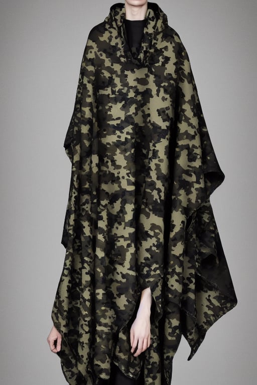 prompthunt: fashion design, tactical camouflage poncho by alexander mcqueen  and acronym, rim light, high key, ultra detailed
