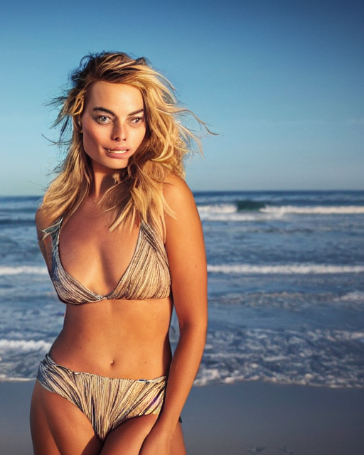 prompthunt: a portrait of margot robbie on the beach, sexy look, 8k,  hyper-detailed, cinematic, sunset