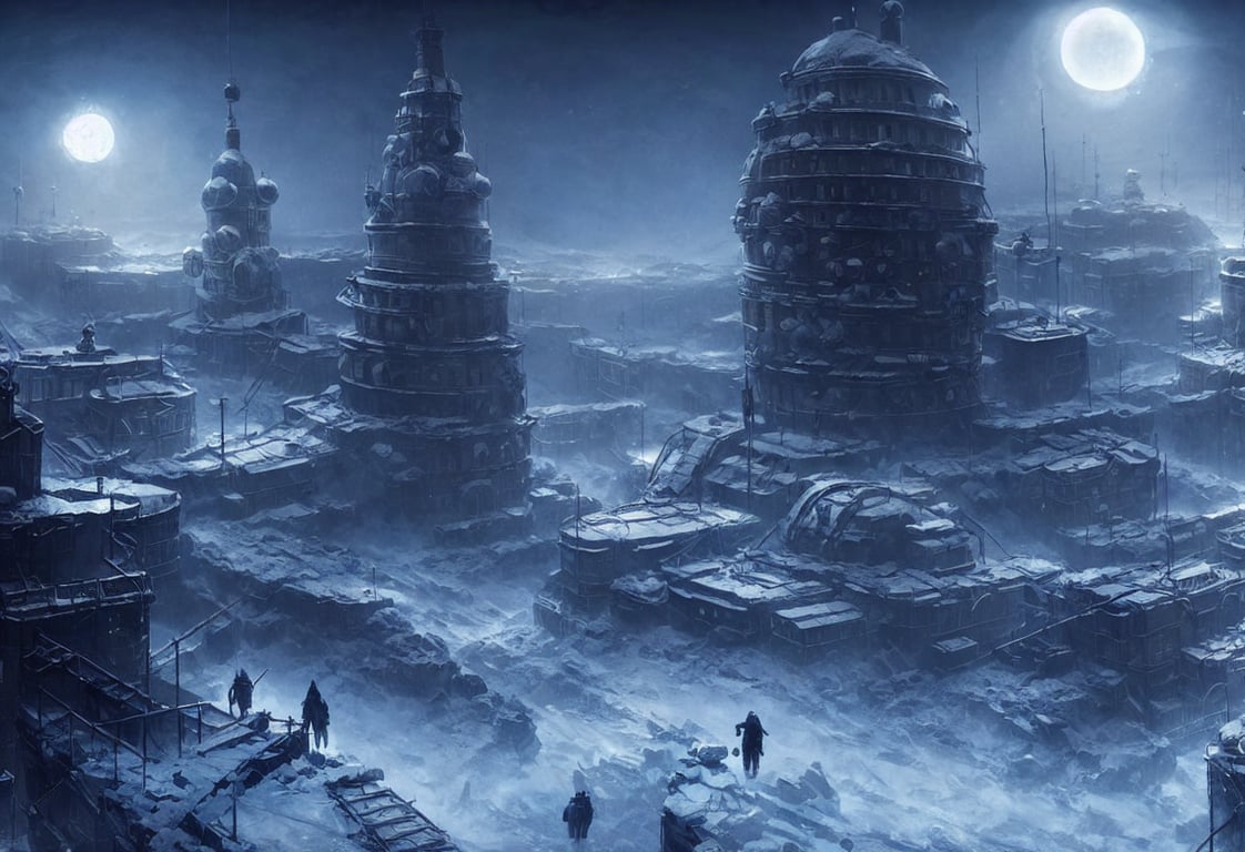 frostpunk style concept art of russian city on the moon, matte painting, beautiful render, octane render, concept art