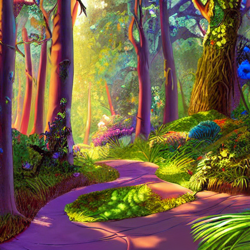 a disney background art painting, a wide shot of an enchanted forest with dappled lighting on the ground, tall large trees, foliage and flowers in the underbrush, disney feature animation painting, the art of pixar,