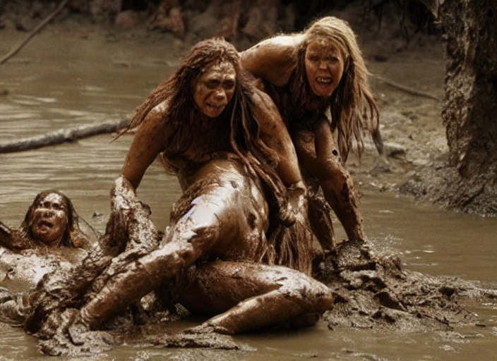 cavewomen mud wrestling a neanderthal woman, movie still, from the movie quest for fire, 8 k, realistic