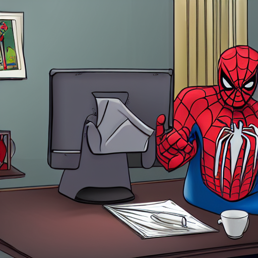 prompthunt: old, fat spiderman working at a desk