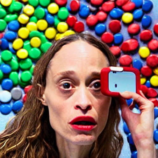 prompthunt: fiona apple taking a selfie at the m & ms factory