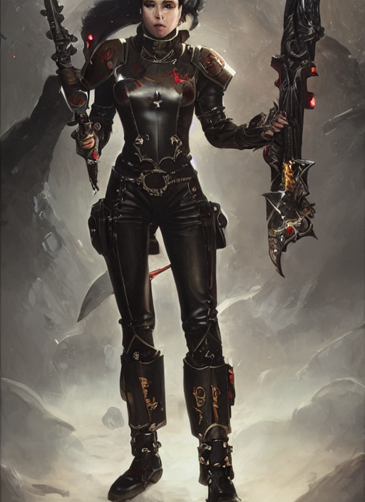 beautiful female inquisitor, warhammer 40k, leather armor, bolt pistol in one hand, chainsword in the other, tight leather leggins, full body, ultra facial detail, Tooth Wu Artgerm Greg Rutkowski artstation deviantart, 8k, fanart, extreme aesthetic