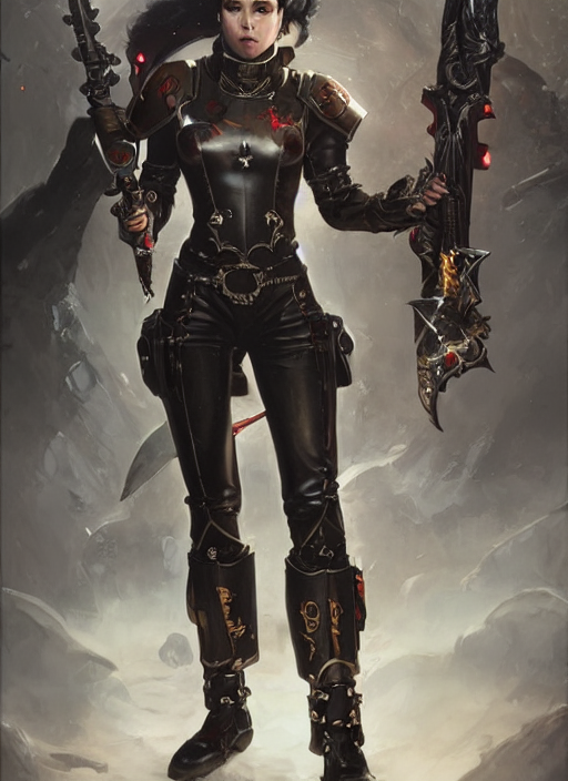 prompthunt beautiful female inquisitor, warhammer 40k, leather armor, bolt pistol in one hand