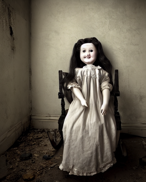 prompthunt portrait of a creepy smiling antique porcelain doll with white eyes wearing a dirty