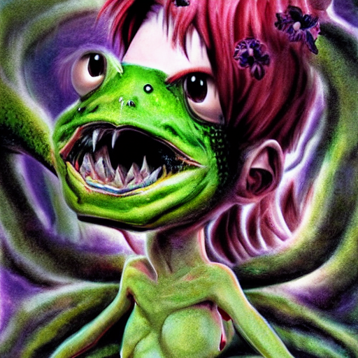 prompthunt: scary godlike fairy in the anime style of Junji Ito , eating a  psychedelic frog violently , being chased by a anthropomorphic giant frog ,  pastel , petite , upper body ,