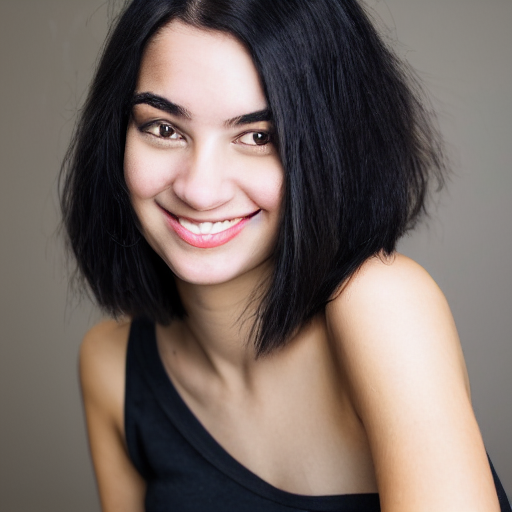 young woman with shoulder - length messy black hair, slightly smiling, 1 3 5 mm nikon portrait
