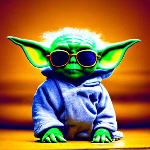 prompthunt: portrait photo of baby yoda wearing sunglasses, blue and yellow  neon lights, dark, highly detailed, 4 k 