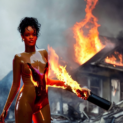prompthunt: a portrait of rihanna wearing a latex bodysuit standing in  front of a burning down house. she's holding a flaming torch. exquisite  details. photorealistic.