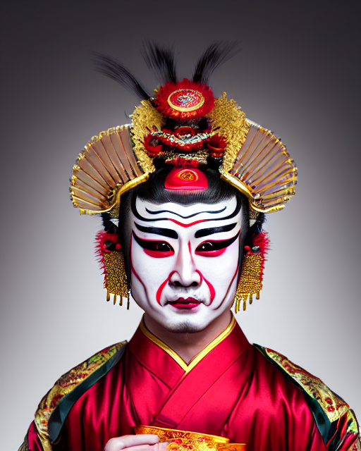 photo of a Dramatic Peking Opera male character wearing elaborate makeup merged with kathakali makeup and full Chinese opera costume fused with Kathakali costume in the style of stefan kostic, realistic, sharp focus, symmetric, 8k high definition, insanely detailed, intricate, elegant, art by stanley lau and artgerm, William-Adolphe Bouguereau