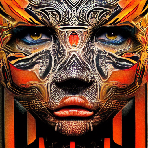 A highly stylized digital HD painting of the face of a tattooed robot, intricate patterns on face, on the cover of STABLE FUSION MAGAZINE