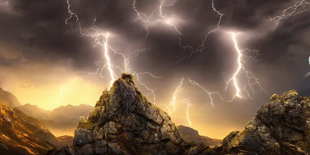 prompthunt: god of thunder shooting lightning from his fingertips standing  upon a rocky high mountain, surrounded by thunderclouds and lightning,  dark, bright lighning, very detailed, 4 k