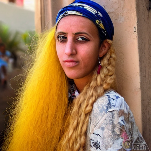 prompthunt: moroccan women, long yellow hair, blue big eye, with large  boops, perfect face and silhouette.