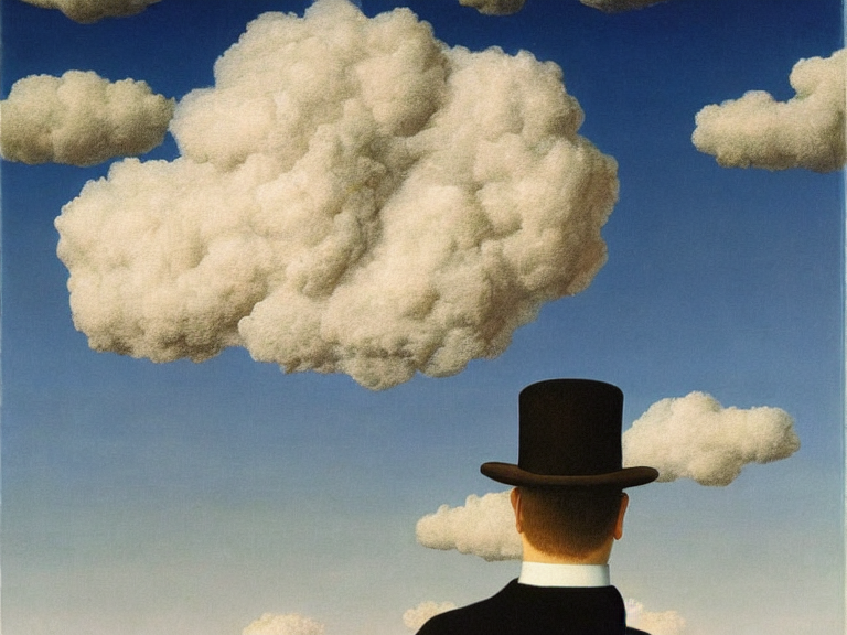 man made out of clouds, painting by rene magritte, high detail, high resolution