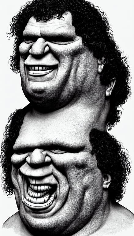 prompthunt: a breathtaking 3 d pencil drawing of an incommensurable,  malevolent andre the giant, king of pain, smiling smugly, light bends to  him, saturated colors, digital art, catalogue raisonne, autodesk maya,  cinema