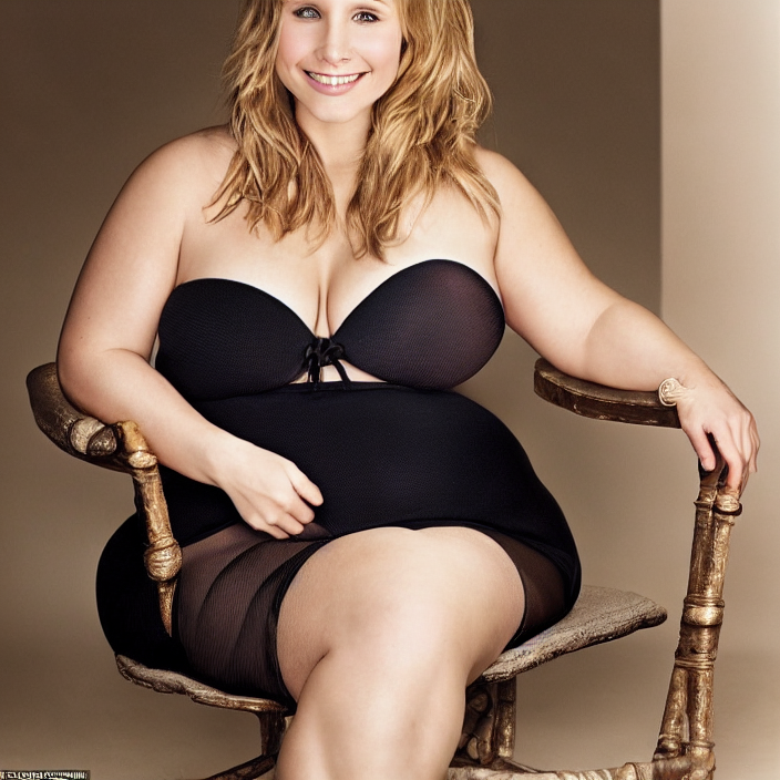 prompthunt: jiggly sexy fat chonky thick chubby curvy kristen bell with a  very big fat round hanging chubby belly sitting on a chair leaning forwards  in a bikini