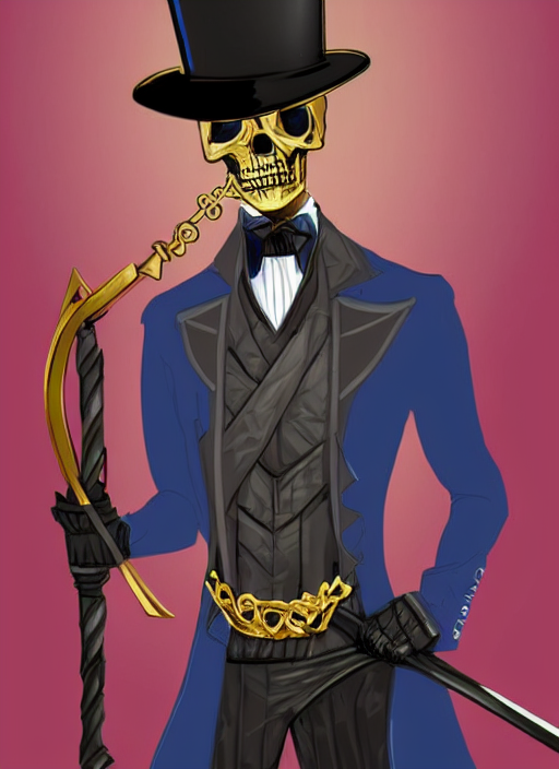 DND character art, skeletal male figure, wearing a deep black suit!!! and tie and top hat, holding a gold! cane!, blue flames in background, blue flames