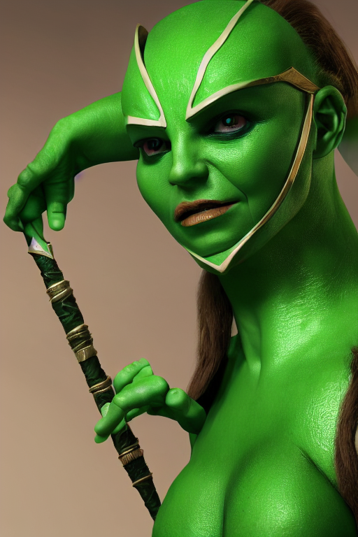 a green-skinned female DND verdan, high resolution film still, 8k, HDR colors, cosplay, studio lighting