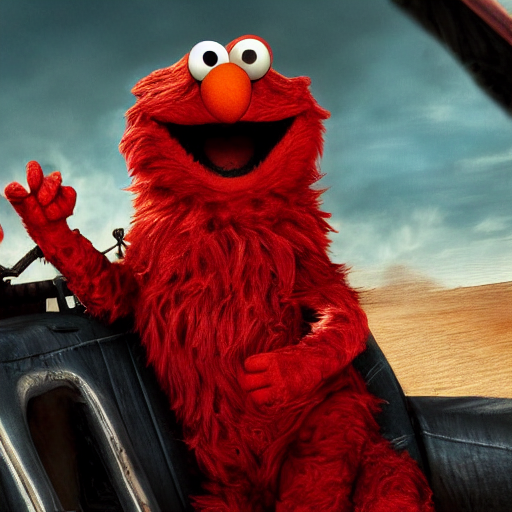 Elmo in mad max furry, HD, 4k, high resolution, intricate detail, realistic