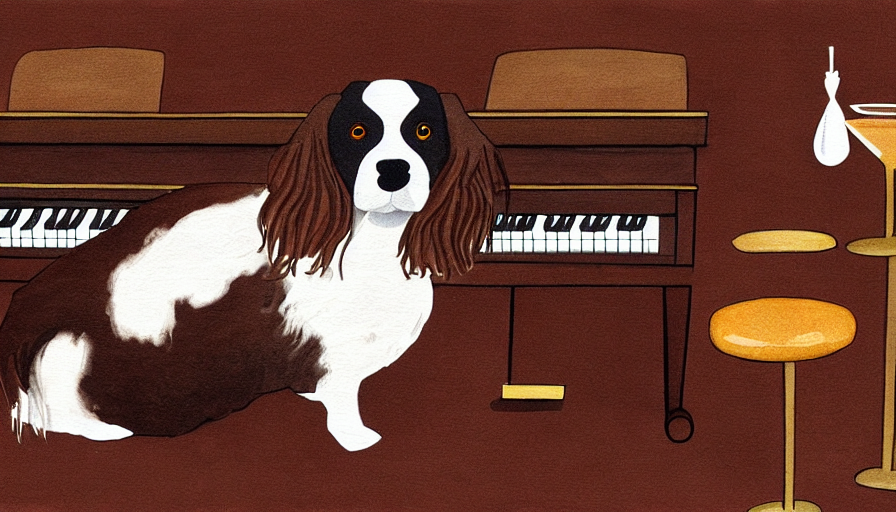 prompthunt: brown and white sprocker , sat down playing a piano.at a bar.  Martini on the side, illustration. Artwork.