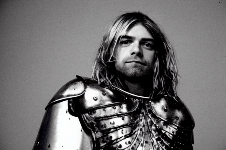 kurt cobain wearing a suit of knight\'s armor