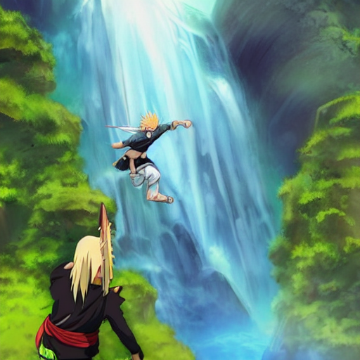 Video game naruto character overlooks a battlefield from atop a cliff
