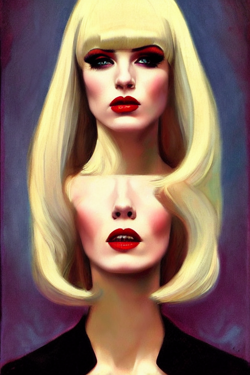portrait 1 9 6 0 s elegant blonde beautiful mod girl, long straight 6 0 s hair with bangs, wearing velvet, vampire, glam, groovy, by brom, tom bagshaw, sargent