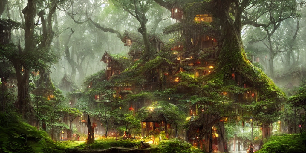 prompthunt: rain fall city in the elf forest with large trees, the trees  are human dwellings, vibrant, alive, intricate, highly detailed, digital  painting, artstation, concept art, smooth, sharp focus, illustration, art by