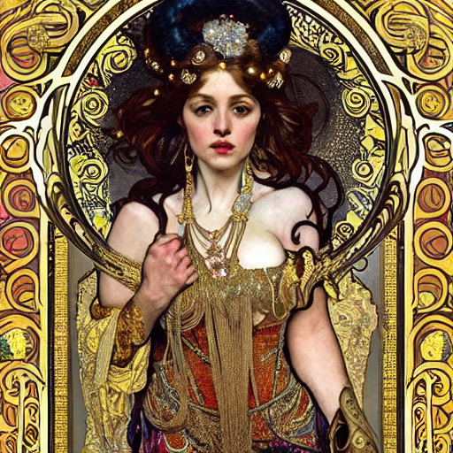 realistic detailed dramatic symmetrical portrait of beast as Salome dancing, wearing an elaborate jeweled gown, by Alphonse Mucha and Gustav Klimt, gilded details, intricate spirals, coiled realistic serpents, Neo-Gothic, gothic, Art Nouveau, ornate medieval religious icon, long dark flowing hair spreading around her