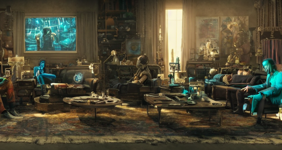 prompthunt: impressive small cinematography scene featuring bio - punk aesthetic  furniture. close shot of characters discussing an important topic. film  still from the new live - action adventure movie. special effects from