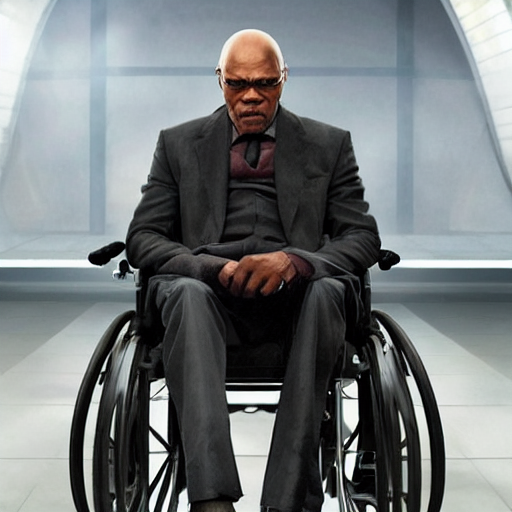 prompthunt: Samuel L. Jackson as Professor X, it's the wheelchair that says  Bad Motherf*cker, hyper realistic, x-men, superhero, marvel, 4k cinematic