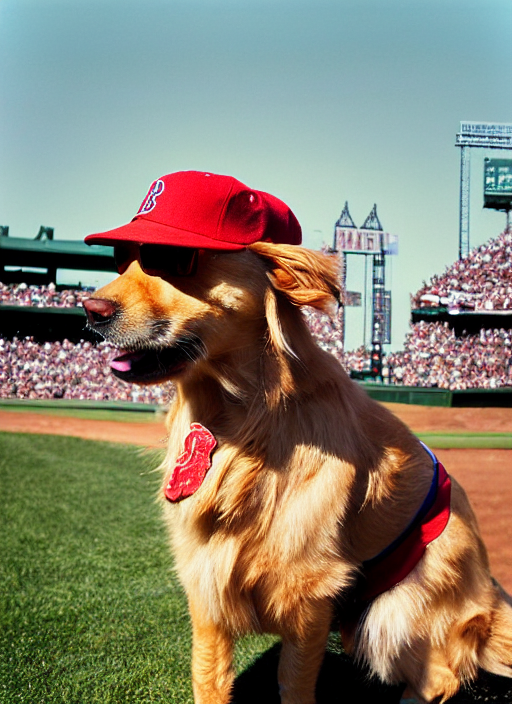 prompthunt: the red sox left fielder, a golden retriever dog wearing  sunglasses, full uniform, baseball shirt and hat, looks up wistfully and  bravely at the sky in fenway park, pulitzer prize winning