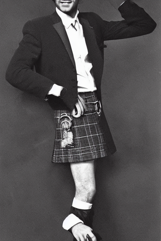 “portrait of a young Sean Connery, impeccably dressed, wearing a kilt, 1970s, by Robert McGinnis”