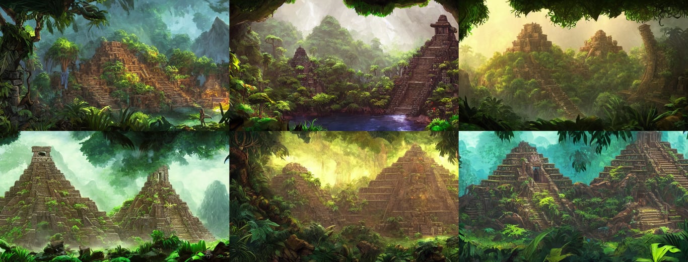 aztec temple hidden in jungle, lush forest, mountains, environment design, beautiful, mysterious, concept art, league of legends splash art, gold and white highlights, ghibli, dramatic lighting, backlighting, epic scale