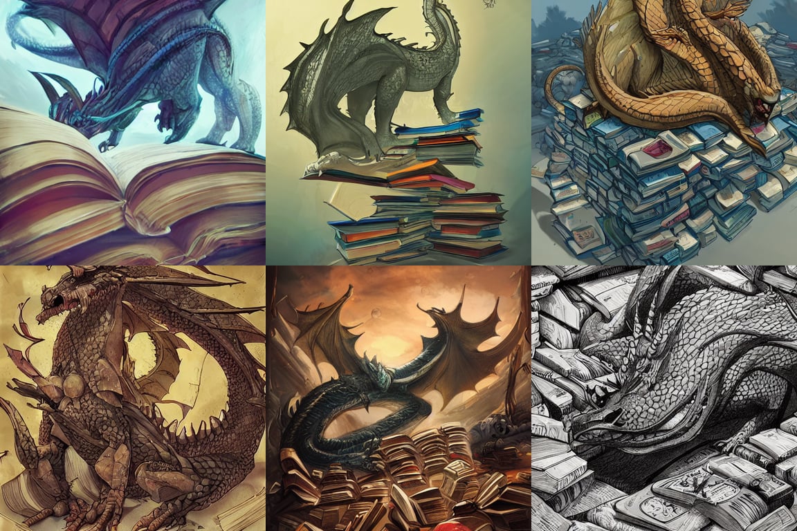 A huge dragon sleeping on a hoard of books, by Frank, Stable Diffusion