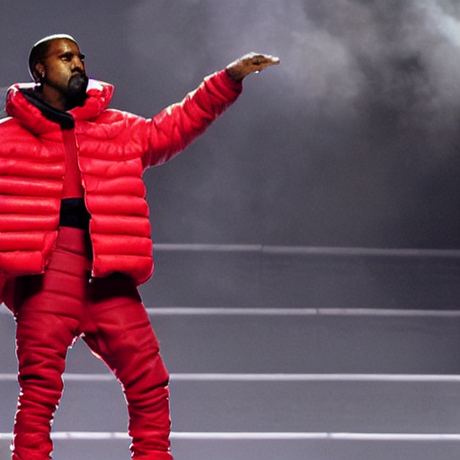 prompthunt: kanye west wearing a puffer jacket and red pants, standing in a stadium
