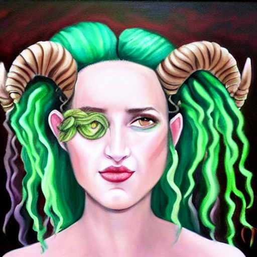 a beautiful painting of Ashley Johnson as a satyr with green hair and ribbons, curly horns and goats eyes.