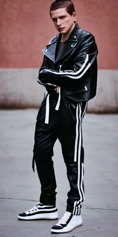 presente fuerte tribu prompthunt: gopnik in a black leather jacket, white Adidas pants. anime